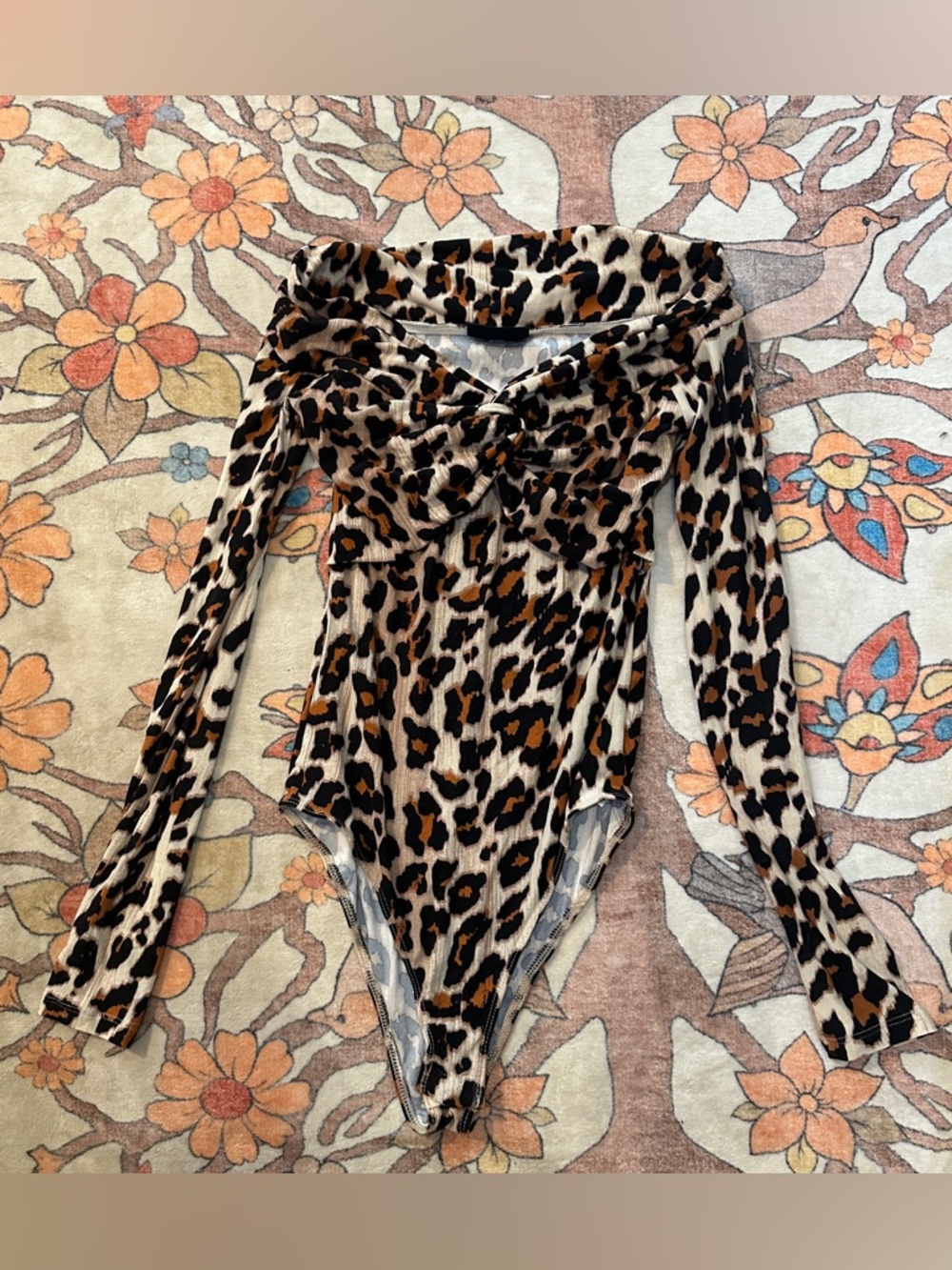 Leopard Print Off-Shoulder Long Sleeve Bodysuit